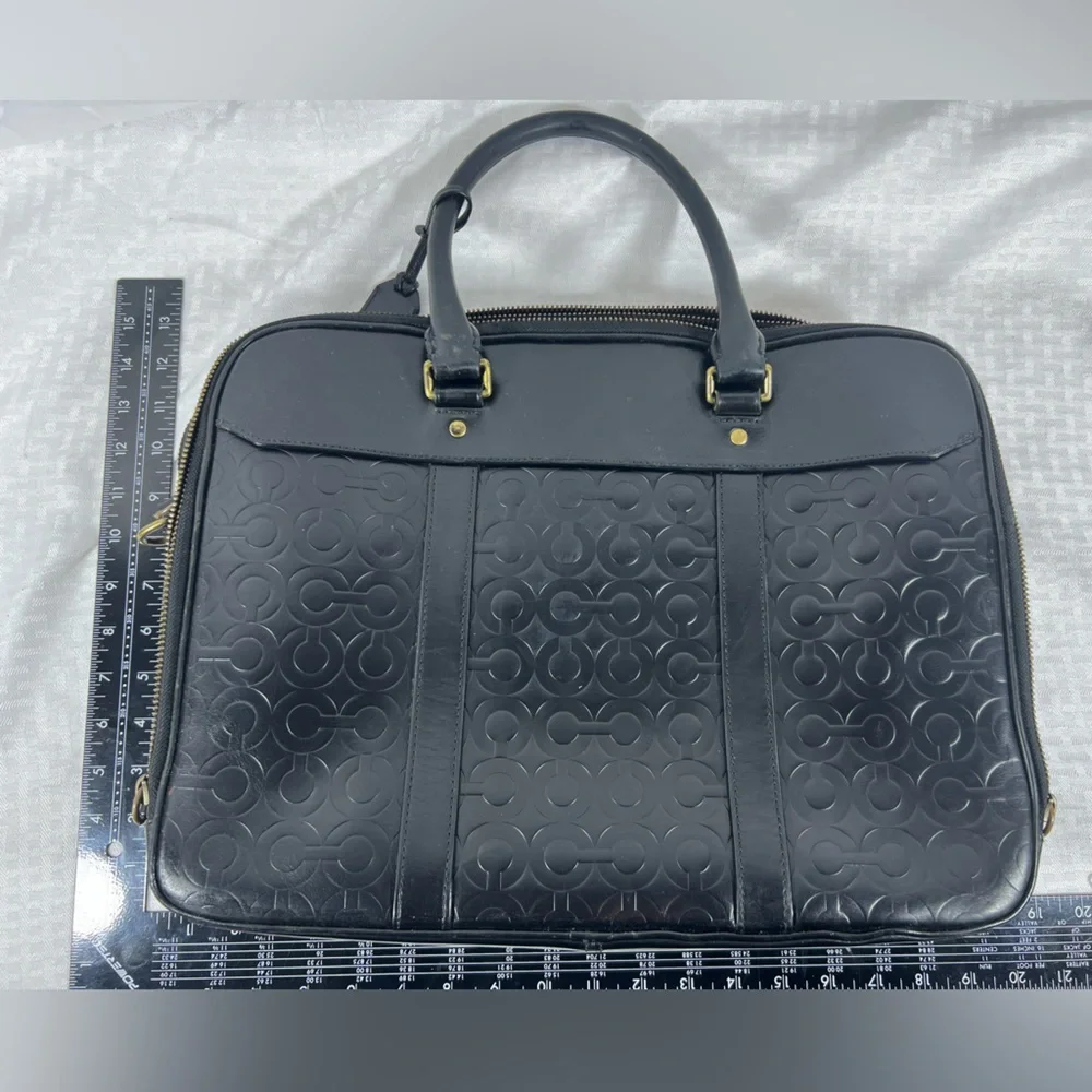 4043: Coach Black Embossed Leather Laptop Briefcase Business Bag